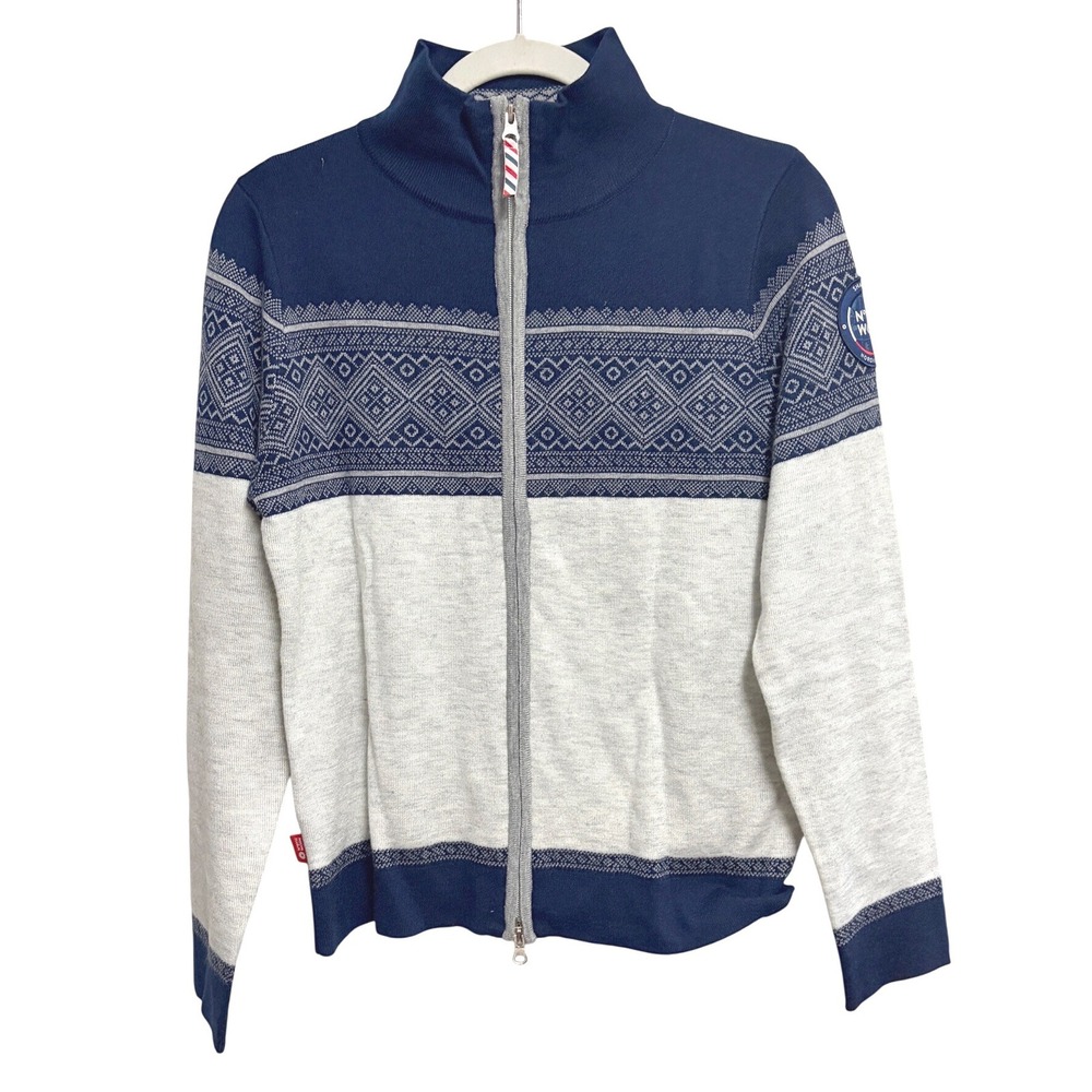 North Worn Nordic Fair Isle Full Zip Sweater Navy Grey Wool Blend M